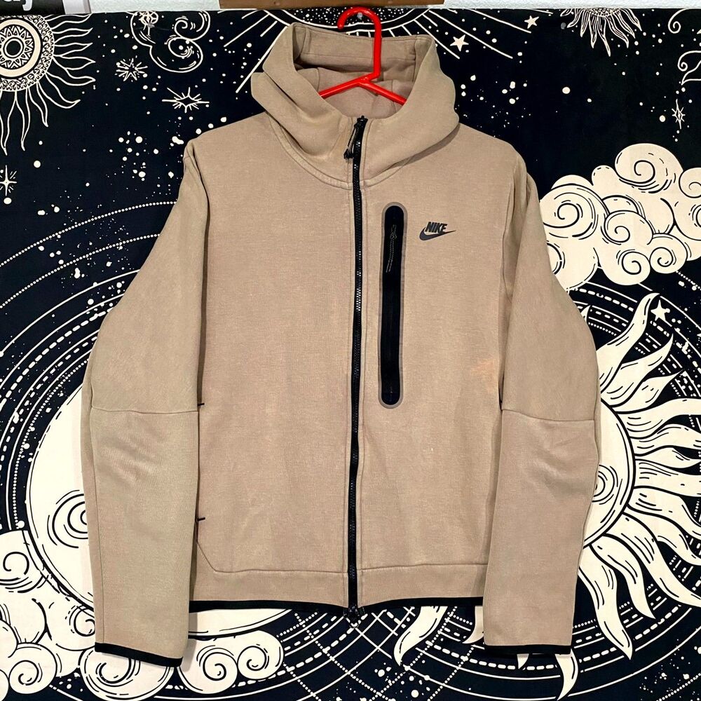Nike Tech Fleece Hoodie Men M Beige Cotton Full-Zip Athletic Running Performance